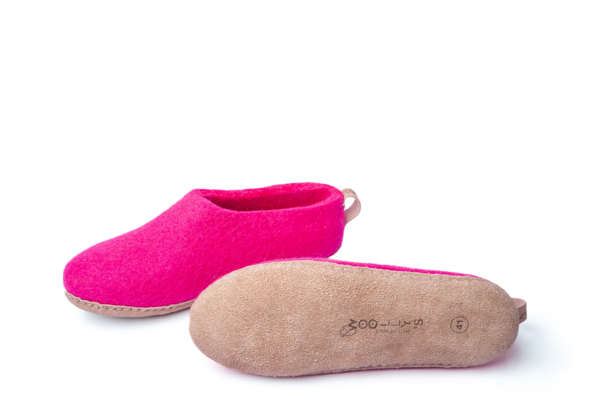 Pantofole Da Interno Con Tacco Aperto e Suola In Cuoio - Fucsia