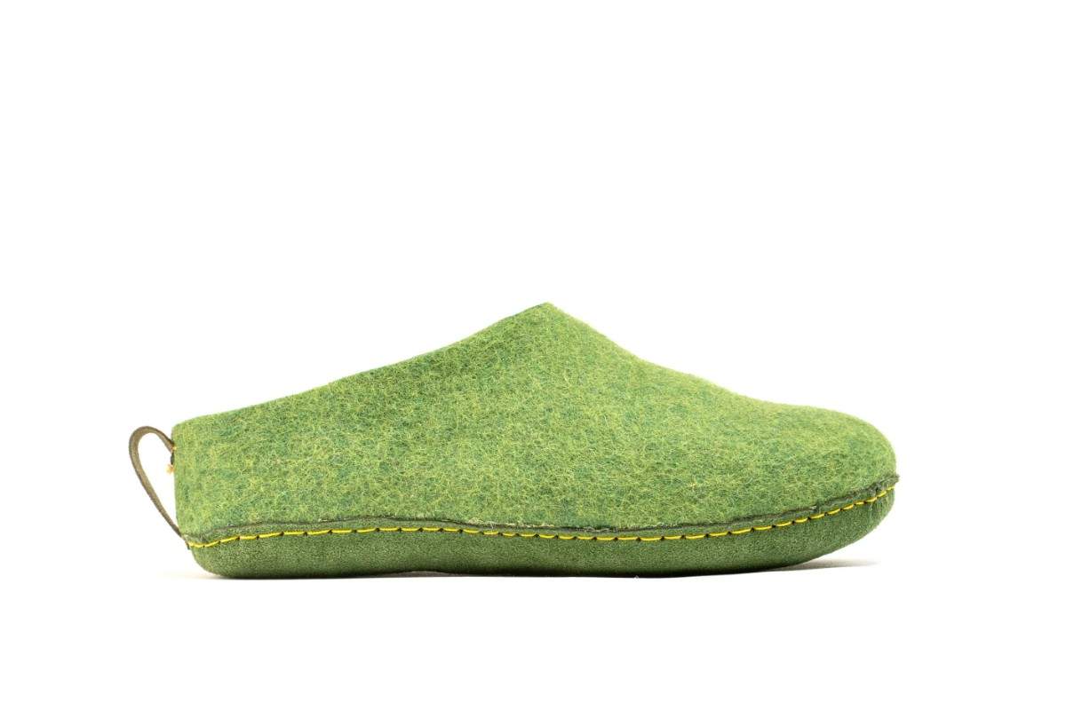 Pantofole Da Interno Con Tacco Aperto e Suola In Cuoio- Verde