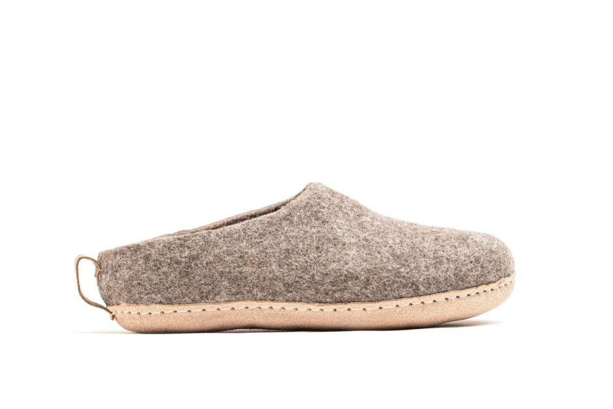 Pantofole Da Interno Con Tacco Aperto e Suola In Cuoio – Marrone Naturale