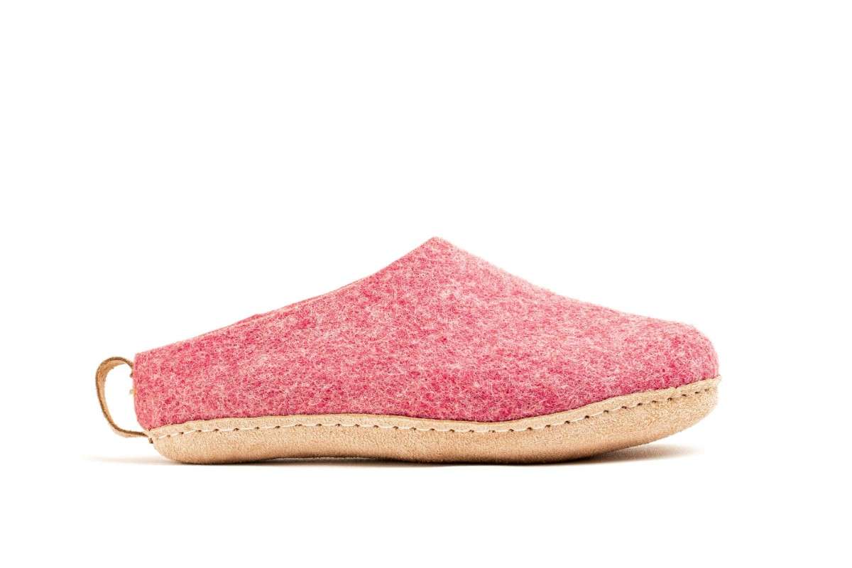 Pantofole Da Interno Con Tacco Aperto e Suola In Cuoio - Rosa Ciliegia