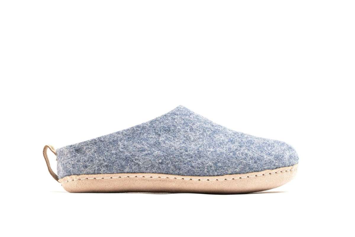 Pantofole Da Interno Con Tacco Aperto e Suola In Cuoio - Denim