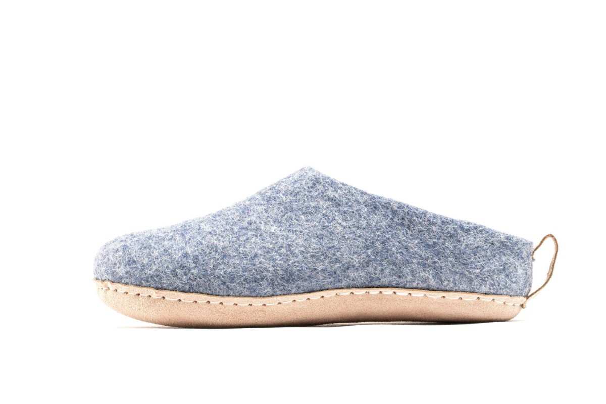 Pantofole Da Interno Con Tacco Aperto e Suola In Cuoio - Denim