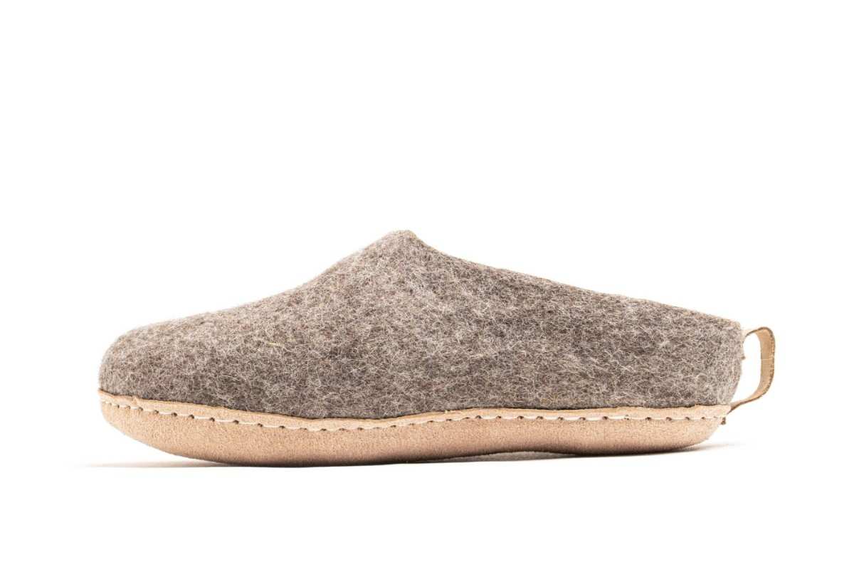 Pantofole Da Interno Con Tacco Aperto e Suola In Cuoio – Marrone Naturale