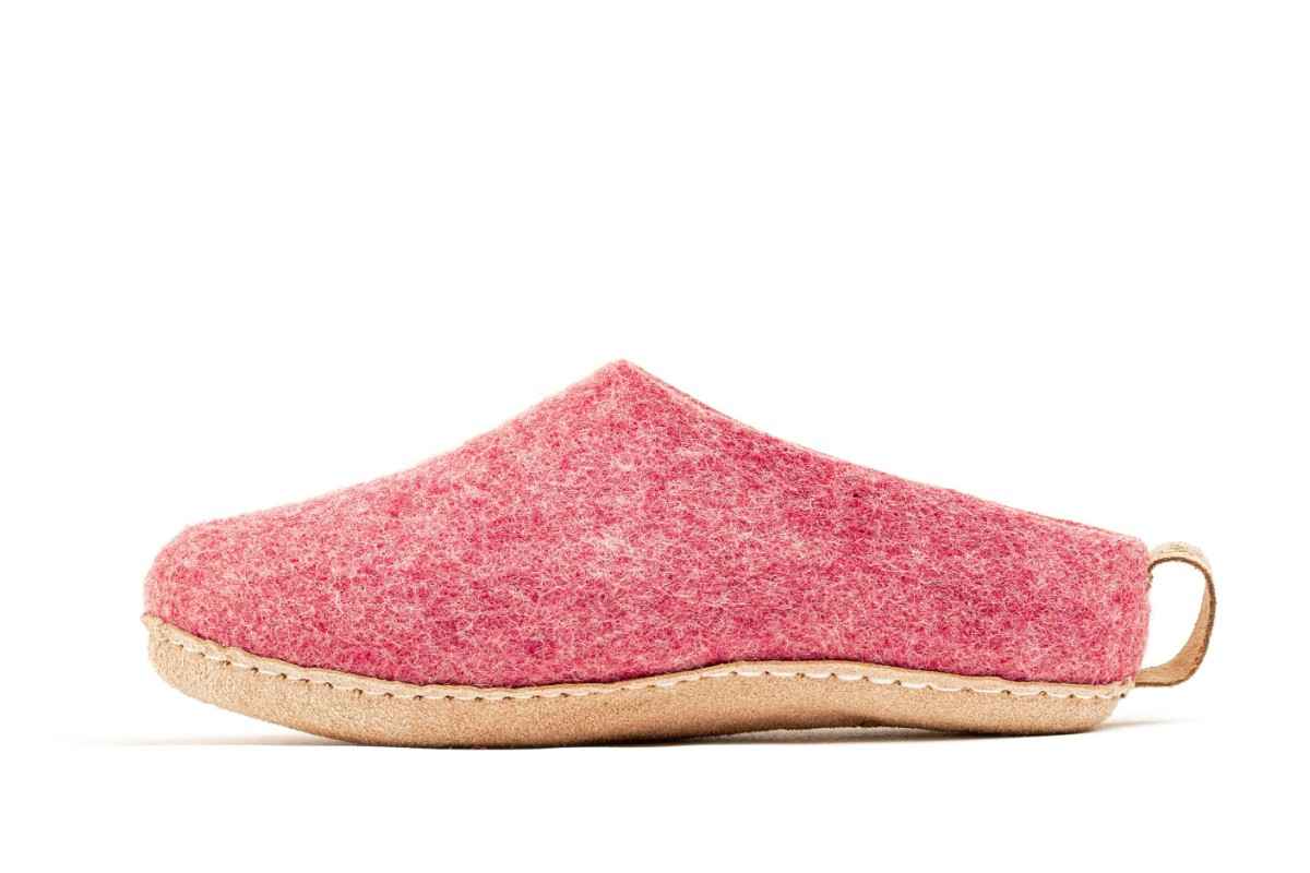 Pantofole Da Interno Con Tacco Aperto e Suola In Cuoio - Rosa Ciliegia