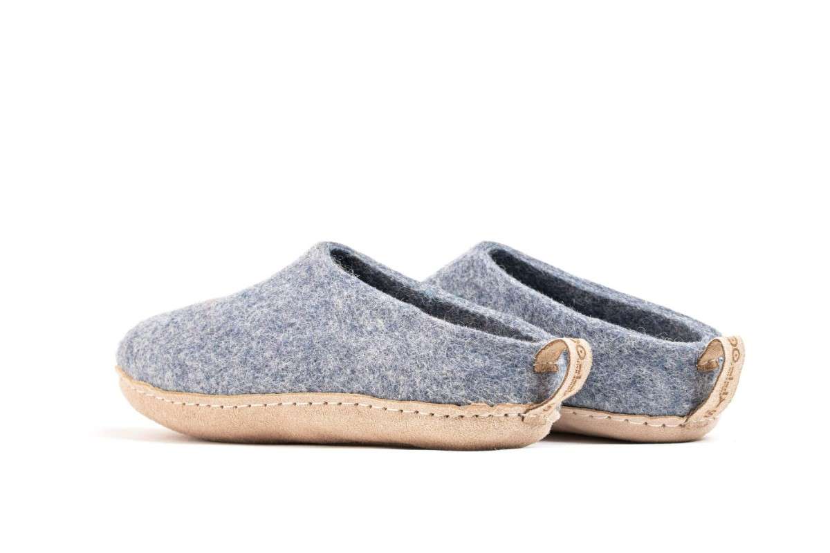 Pantofole Da Interno Con Tacco Aperto e Suola In Cuoio - Denim