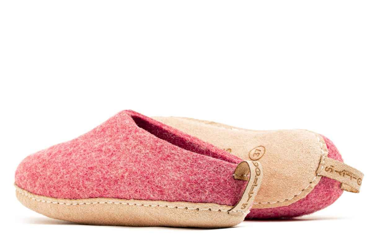 Pantofole Da Interno Con Tacco Aperto e Suola In Cuoio - Rosa Ciliegia