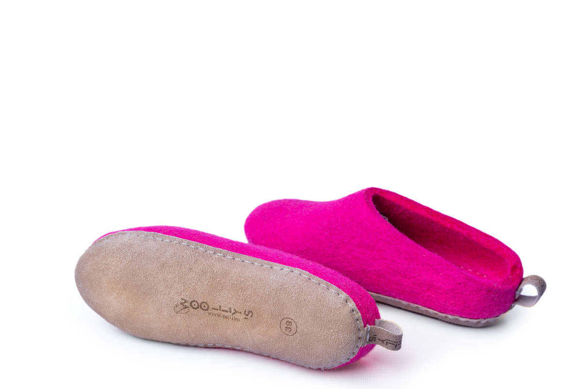 Pantofole Da Interno Con Tacco Aperto e Suola In Cuoio - Fucsia