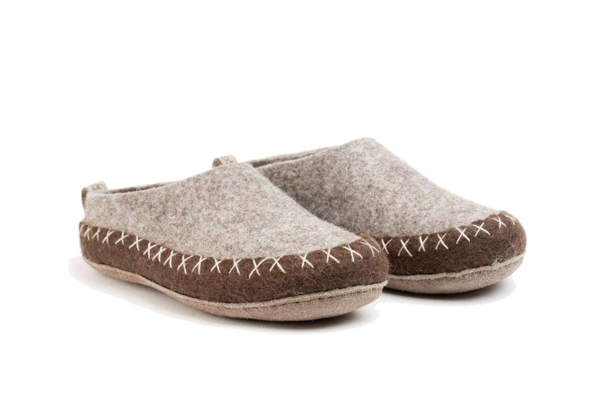 Pantofole Da Interno Con Tacco Aperto e Suola In Cuoio - Marrone naturale e Marrone Chiaro
