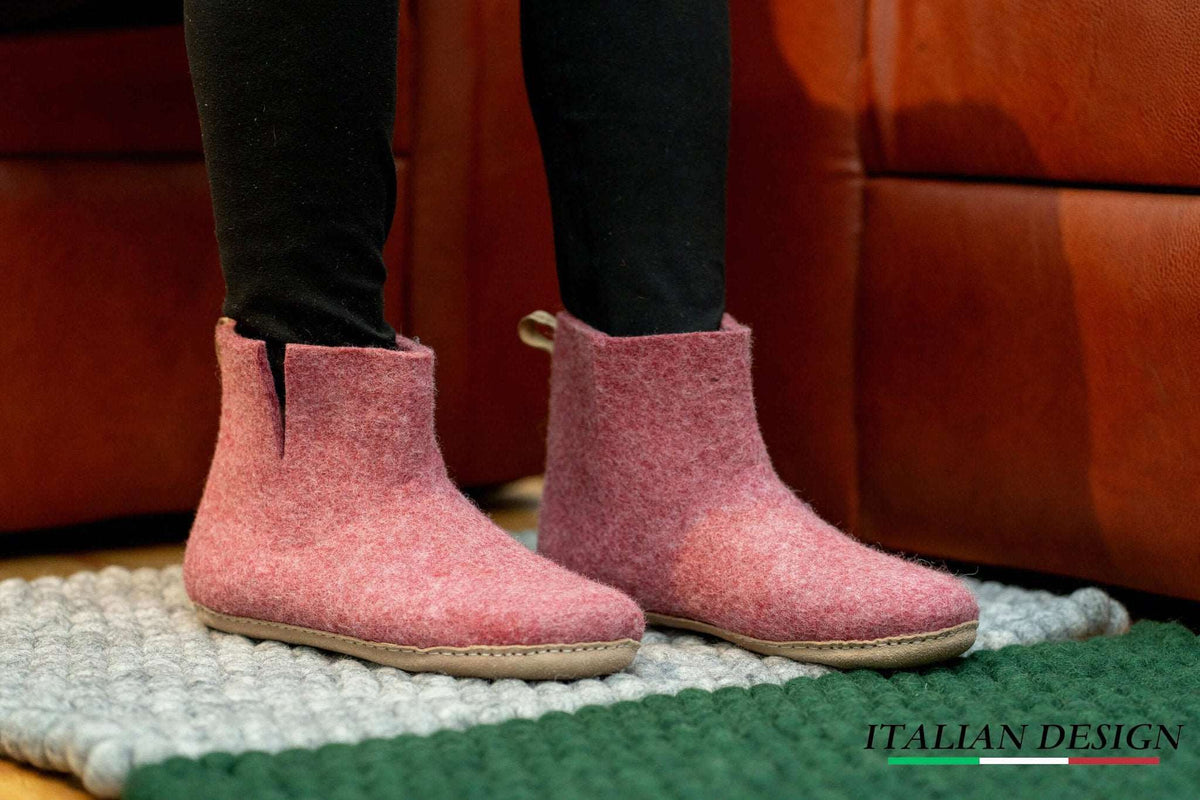 Indoor Boots With Leather Sole - Cherry Pink - Woollyes handicraft felt shoes and slipper, boiled felted wool slipper in baby pink , indoor felt boot style 