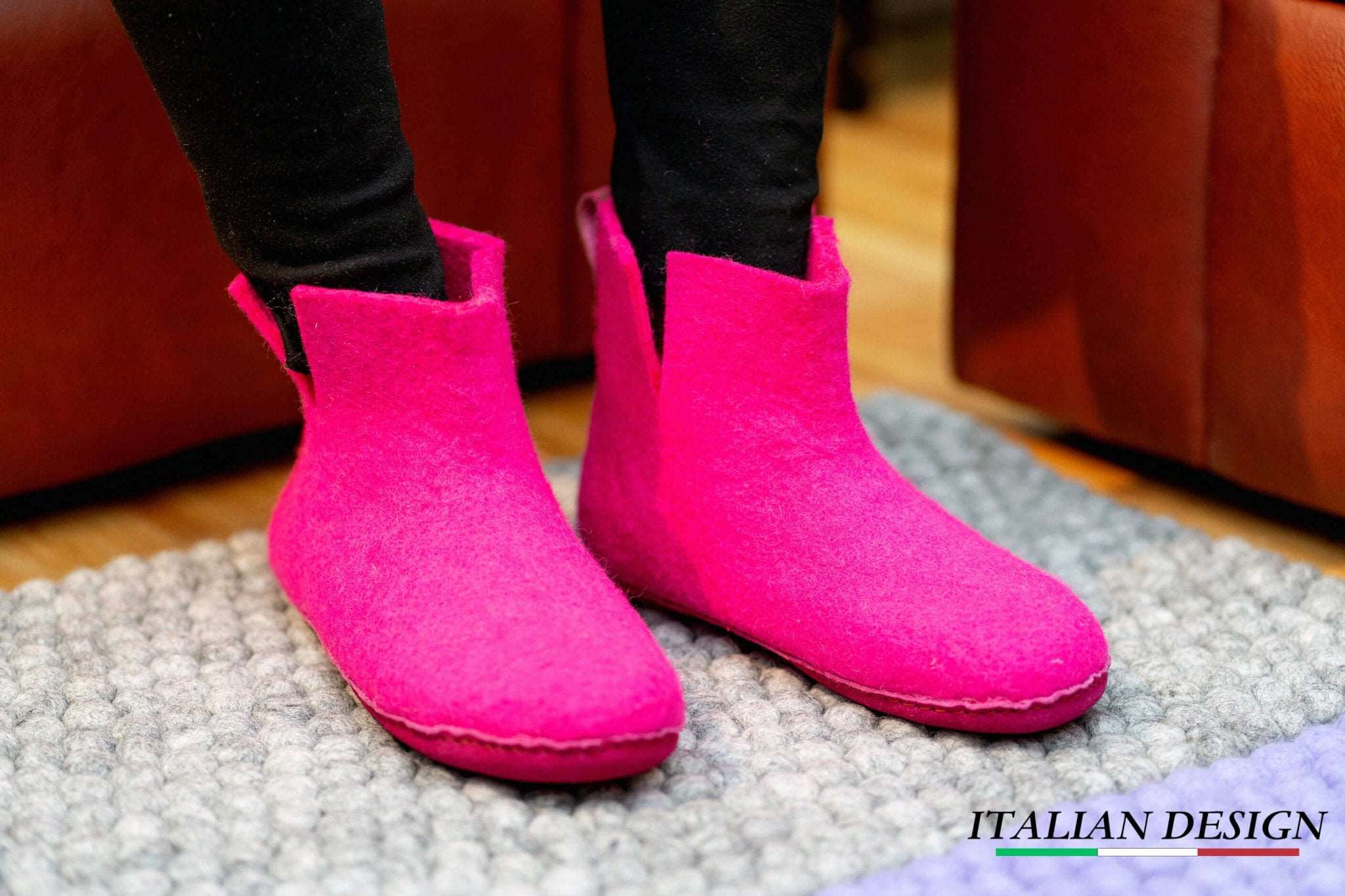 Indoor Boots With Leather Sole - Fuchsia - Woollyes